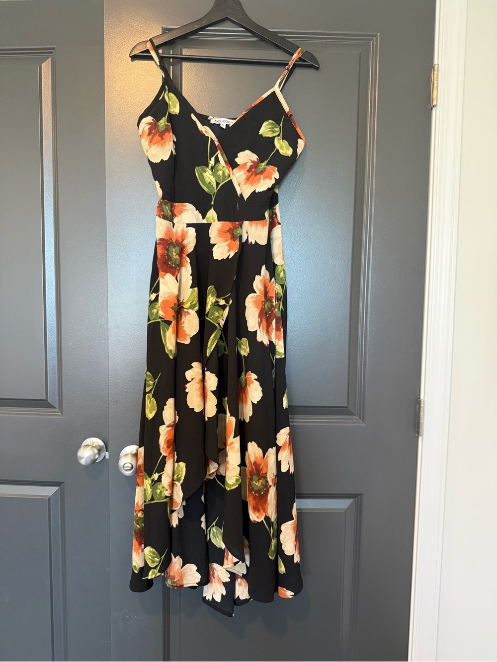 Black Floral High-Low Spaghetti Strap Dress with Orange and Cream Blooms